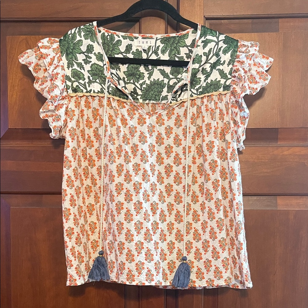 THML Green and Orange Floral Blouse
